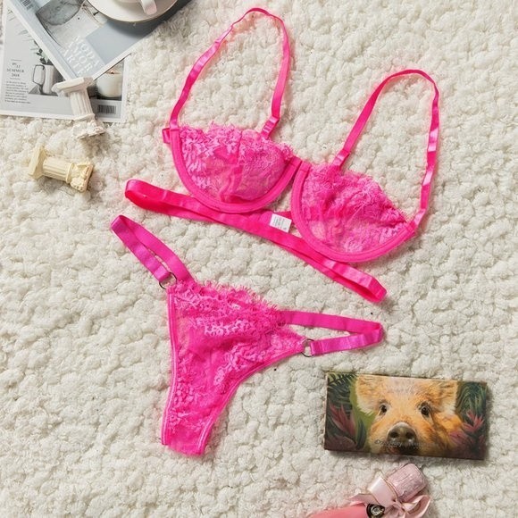Neon Pink Lace Balconette Bralette Lingerie Set - Picture 7 of 15